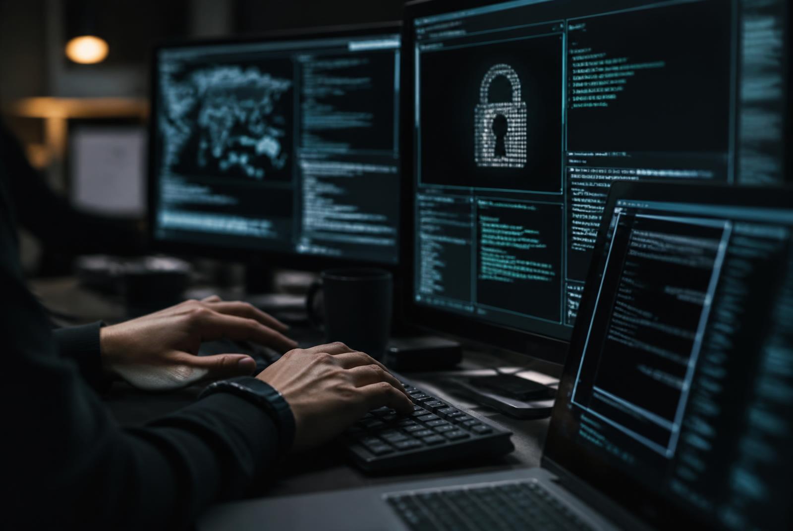 Security engineer working at night on a multi-screen workstation showing monitoring and encryption tooling