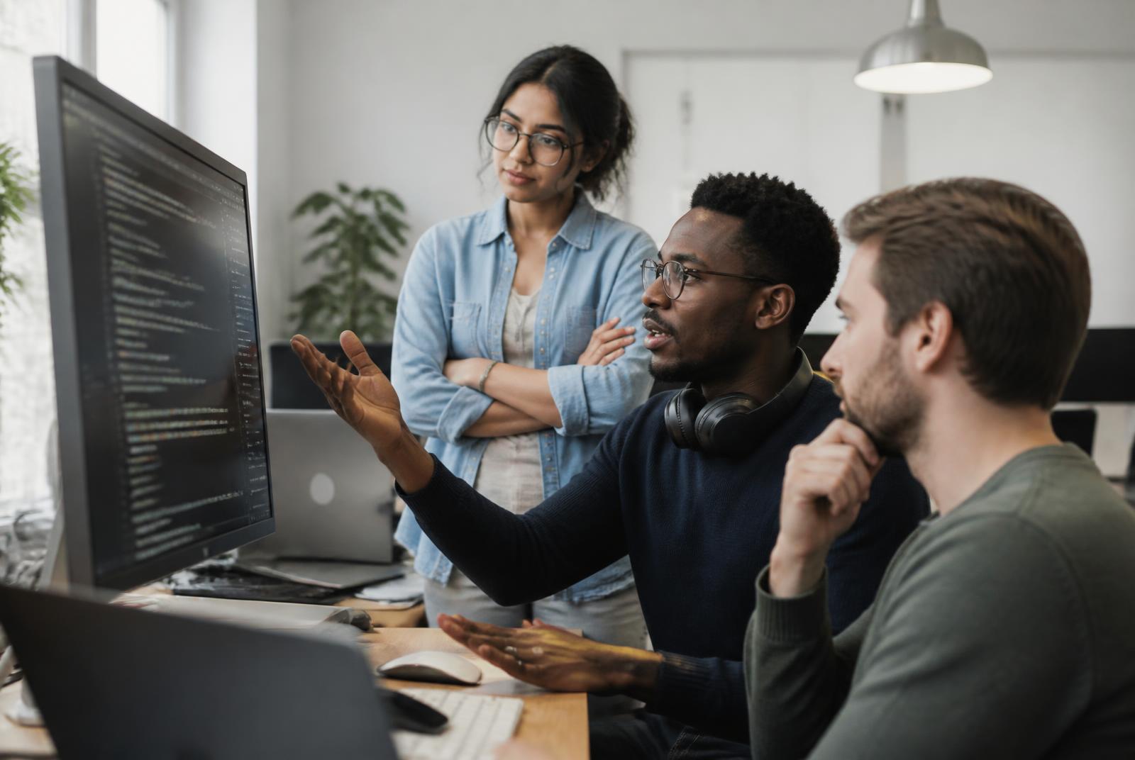 Three software engineers reviewing source code together on a large monitor in a bright office
