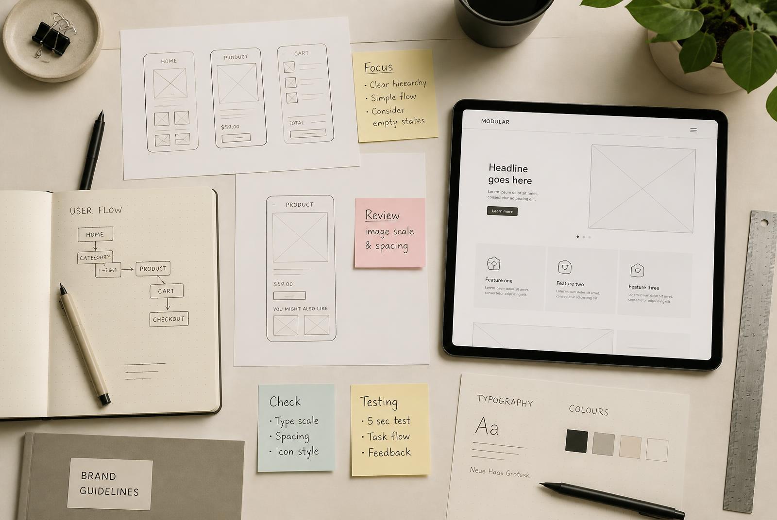 Overhead view of a product design desk with wireframe sketches, sticky notes and a tablet showing a user interface grid