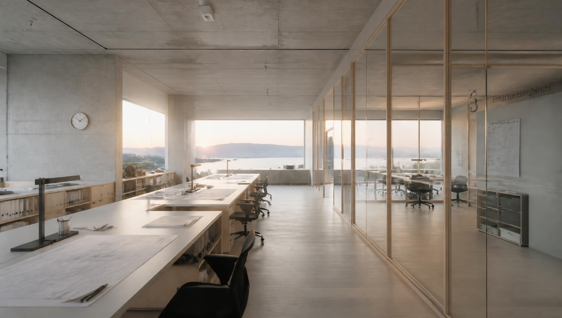 Quiet modern engineering workspace at dawn with long desks, glass partitions and technical drawings